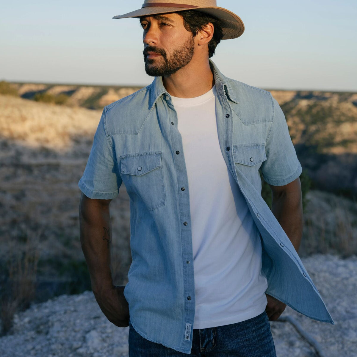 Chambray Oxford Short Sleeve Western Shirt Blue - Stetson