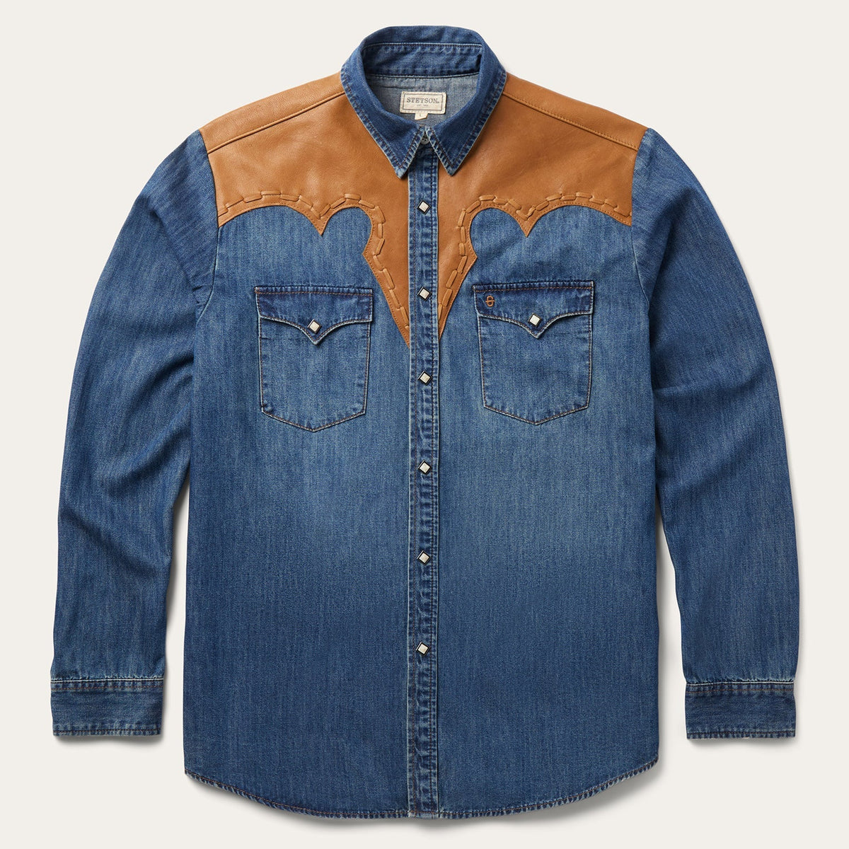 Leather Yoke Denim Shirt Blue - Stetson