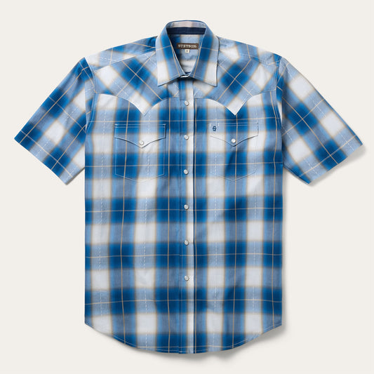Ombre Plaid Short Sleeve Shirt Azure - Stetson