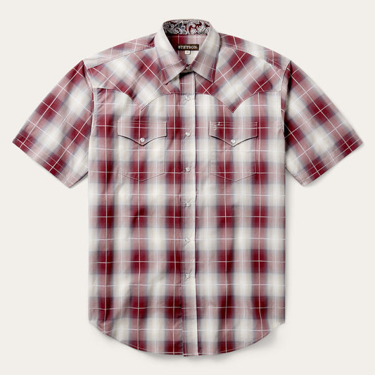 Ombre Plaid Short Sleeve Shirt Wine - Stetson