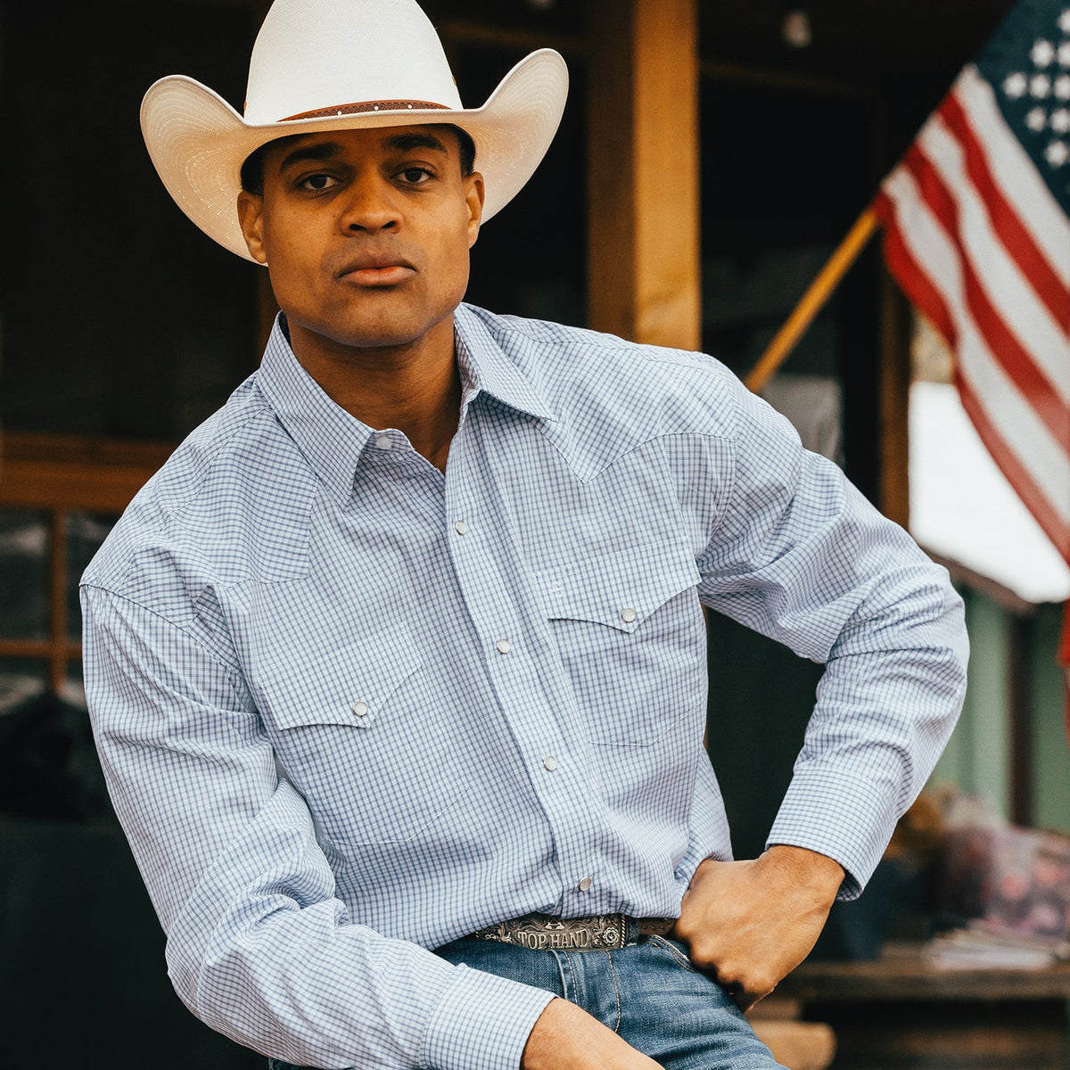 Two Stripe Check Western Shirt Blue - Stetson