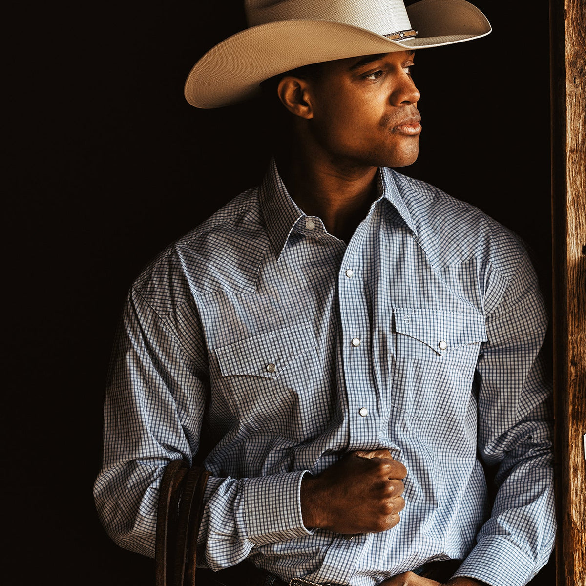 Two Stripe Check Western Shirt Blue - Stetson