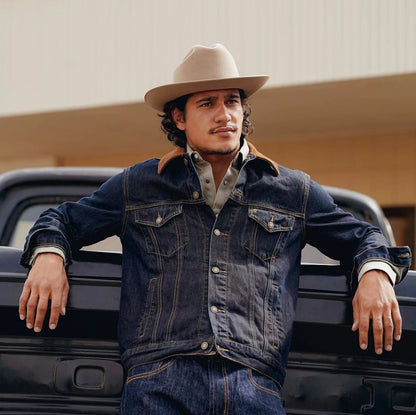 Suede Collar Raw Denim Jacket Blue - Stetson