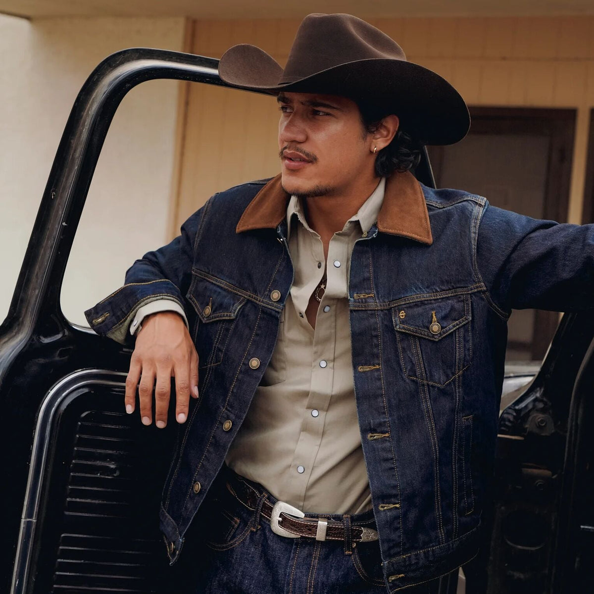 Suede Collar Raw Denim Jacket Blue - Stetson