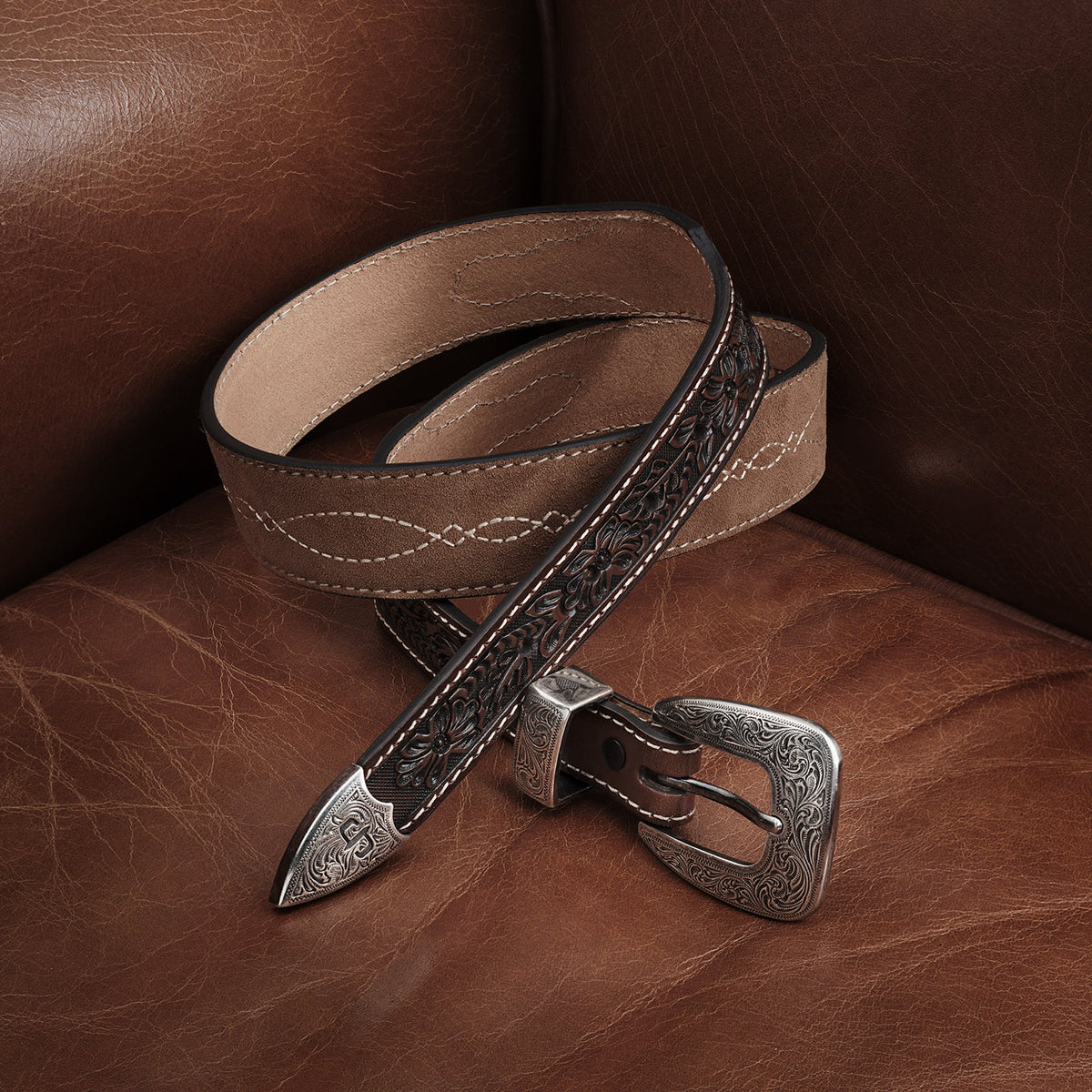 Tooled Tapered Belt Brown/Sand - Stetson