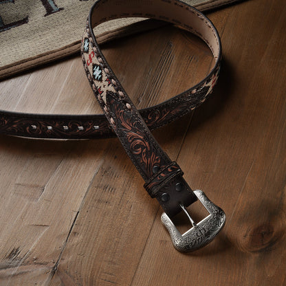 Embroidered Tooled Tab Belt Vintage Brown - Stetson