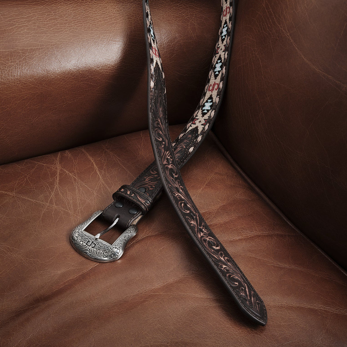 Embroidered Tooled Tab Belt Vintage Brown - Stetson