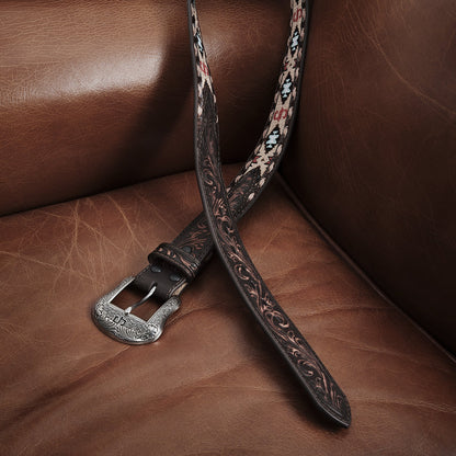 Embroidered Tooled Tab Belt Vintage Brown - Stetson
