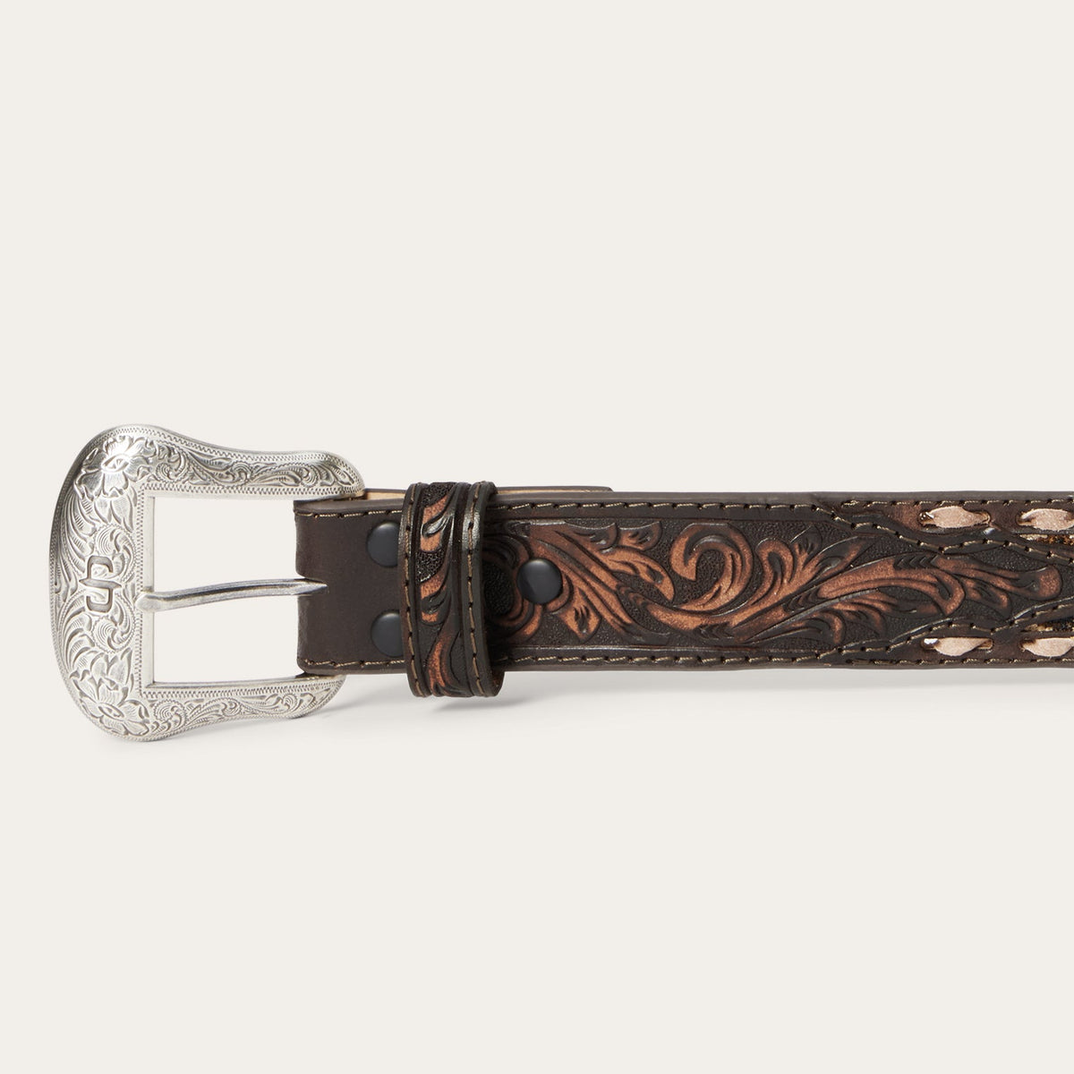Embroidered Tooled Tab Belt Vintage Brown - Stetson