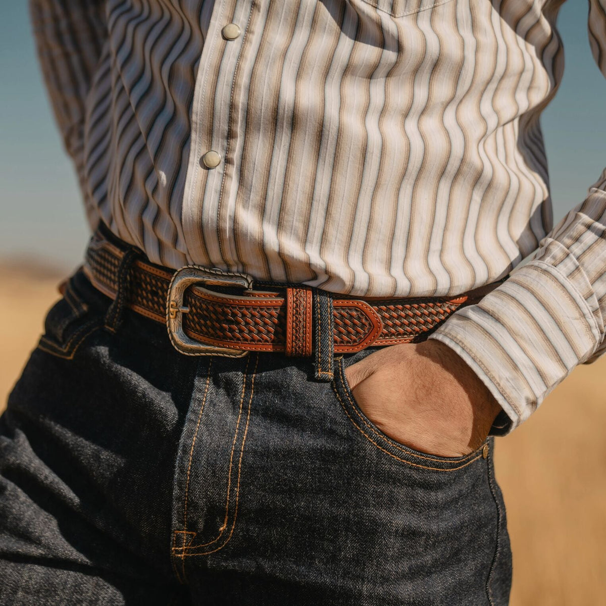 Pebble Leather Basket Weave Tabs Belt Natural/Brown - Stetson