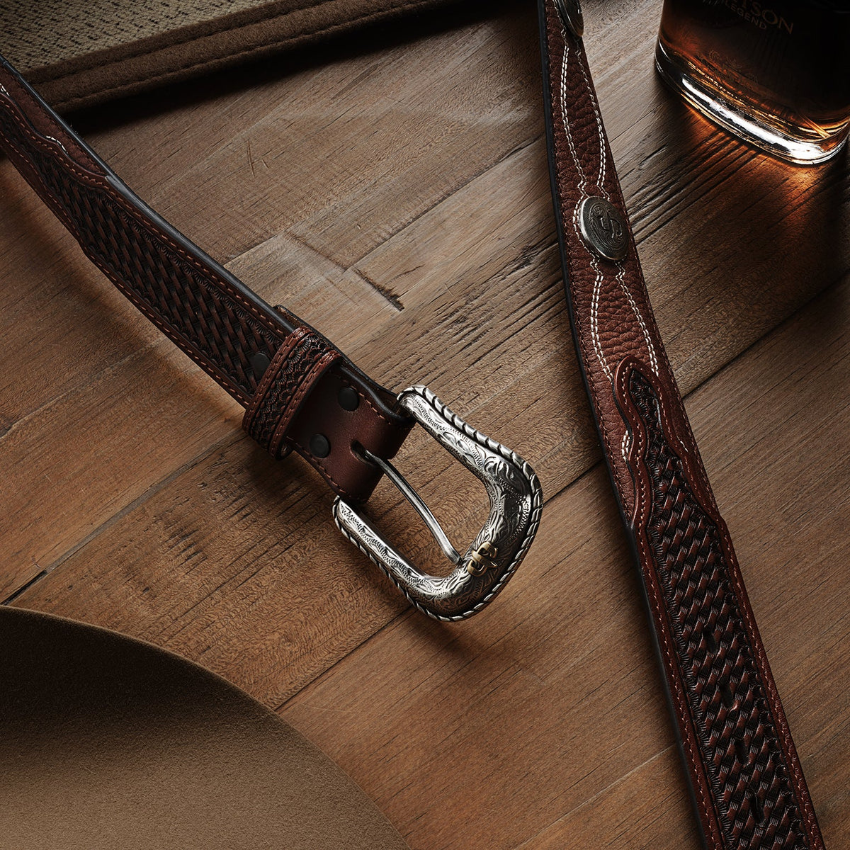 Pebble Leather Basket Weave Tabs Belt Natural/Brown - Stetson