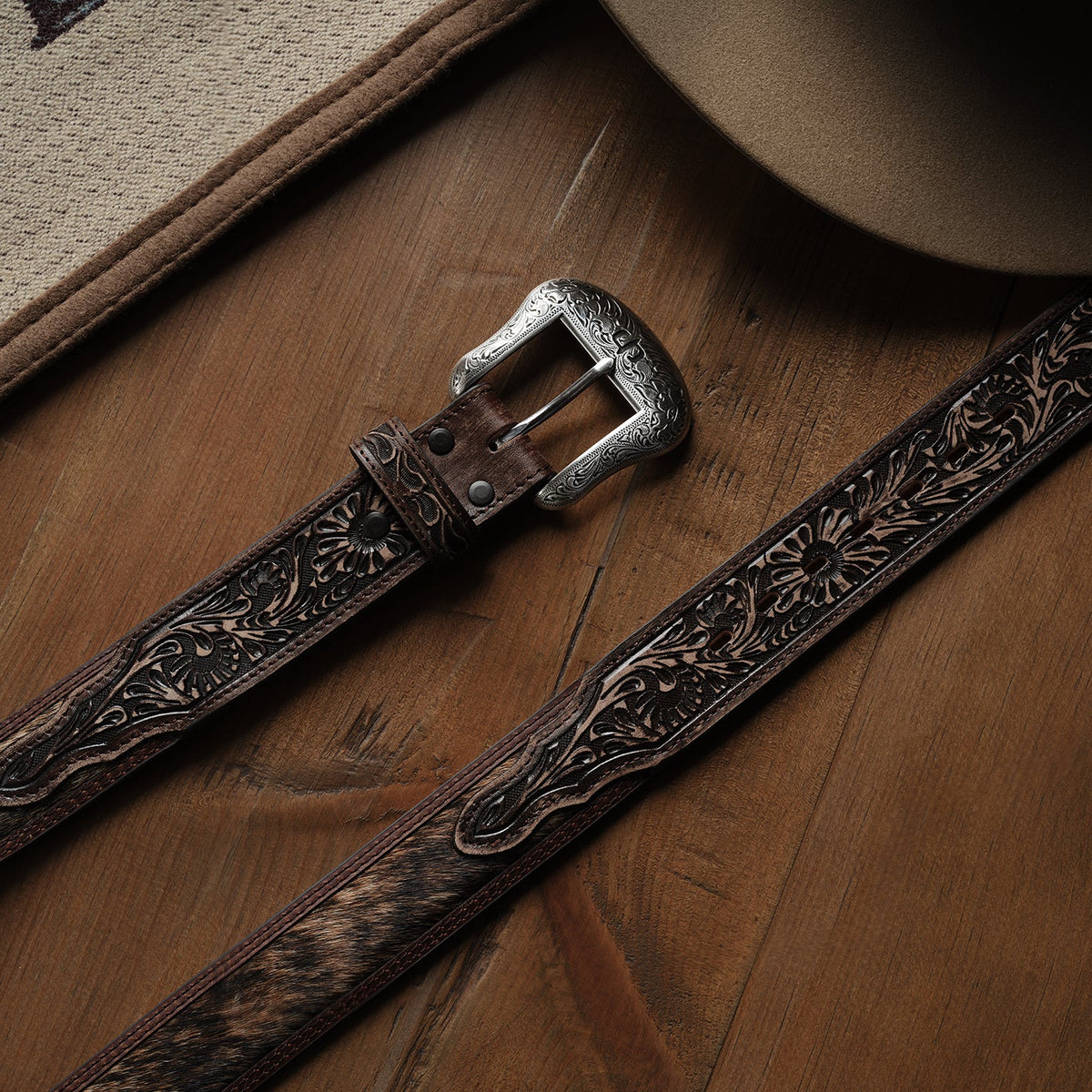 Hair-on-Hide Tooled Tab Belt Vintage/Brown - Stetson