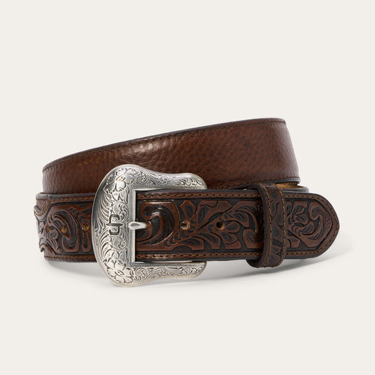 Bison Leather Tooled Tab Belt Hazelnut Bison - Stetson