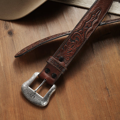 Bison Leather Tooled Tab Belt Hazelnut Bison - Stetson