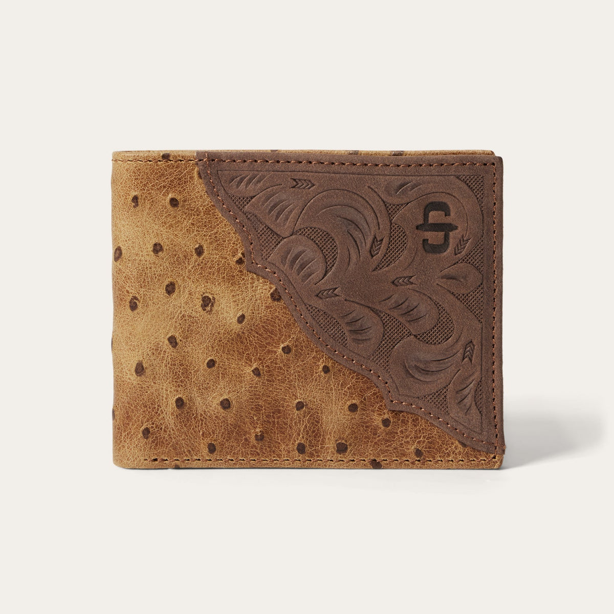 Tooled Embossed Ostrich Bi-Fold Wallet Brown / California Nut - Stetson