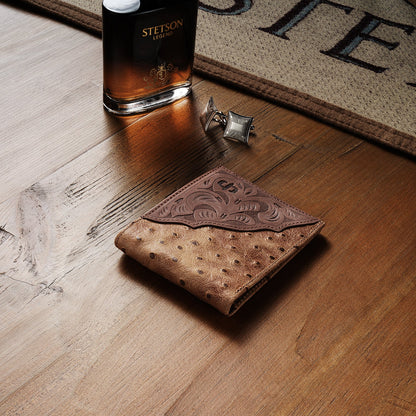 Tooled Embossed Ostrich Bi-Fold Wallet Brown / California Nut - Stetson