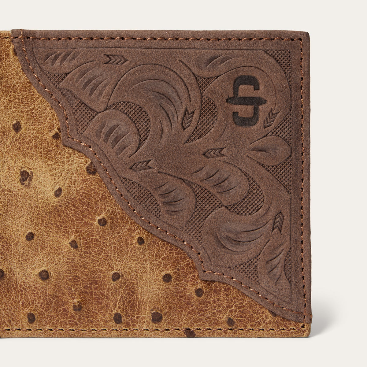 Tooled Embossed Ostrich Bi-Fold Wallet Brown / California Nut - Stetson
