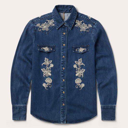 Floral Embroidered Dark Denim Shirt Blue - Stetson