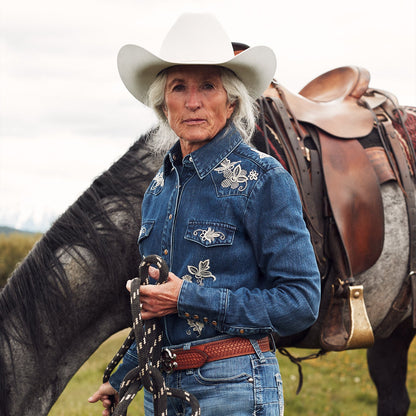 Floral Embroidered Dark Denim Shirt Blue - Stetson