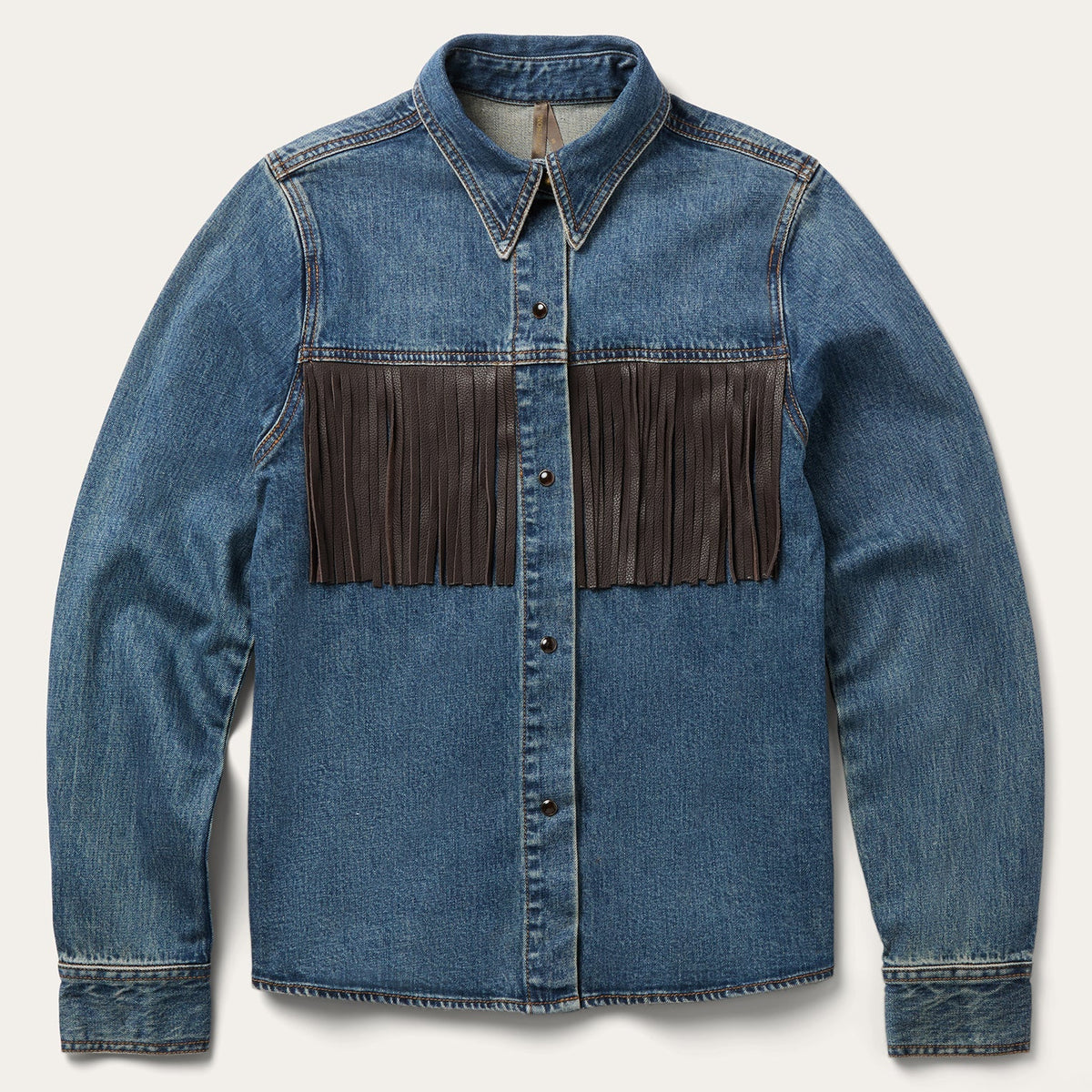 Leather Fringe Denim Shirt Blue - Stetson