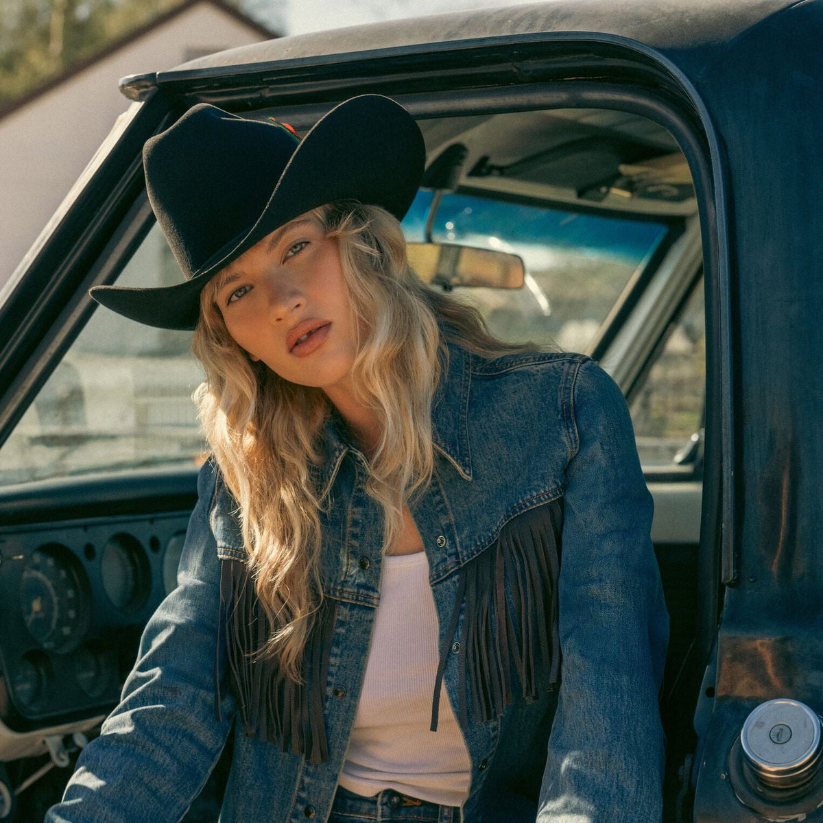 Leather Fringe Denim Shirt Blue - Stetson
