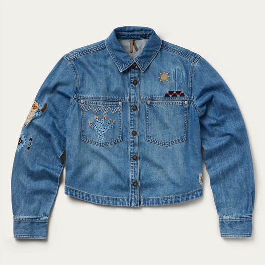 Embroidered Denim Button-Up Cropped Shirt Blue - Stetson