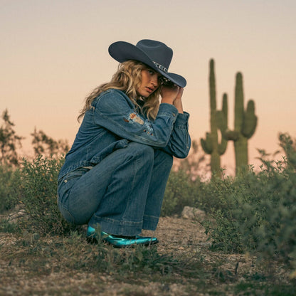 Embroidered Denim Button-Up Cropped Shirt Blue - Stetson