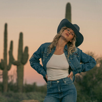 Embroidered Denim Button-Up Cropped Shirt Blue - Stetson