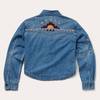 Embroidered Denim Button-Up Cropped Shirt Blue - Stetson