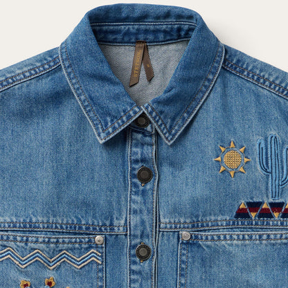 Embroidered Denim Button-Up Cropped Shirt Blue - Stetson