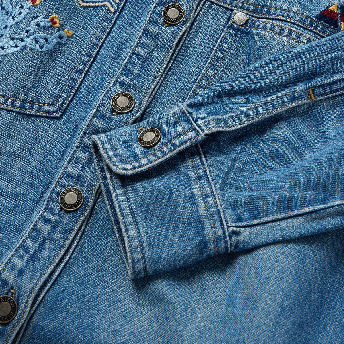 Embroidered Denim Button-Up Cropped Shirt Blue - Stetson