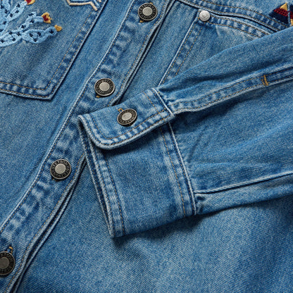 Embroidered Denim Button-Up Cropped Shirt Blue - Stetson