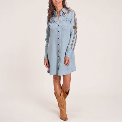 Embroidered Denim Shirt Dress Light Blue - Stetson