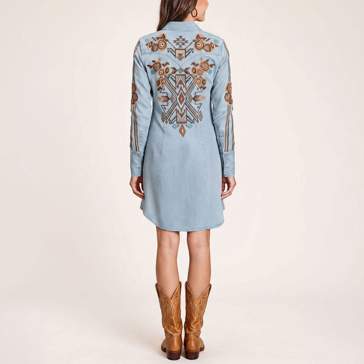 Embroidered Denim Shirt Dress Light Blue - Stetson