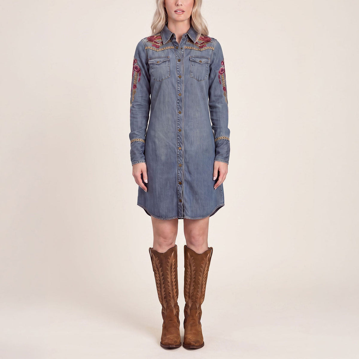 Embroidered Denim Shirt Dress Dark Blue - Stetson