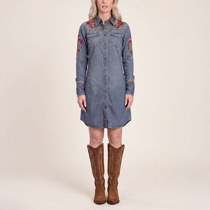 Embroidered Denim Shirt Dress Dark Blue - Stetson