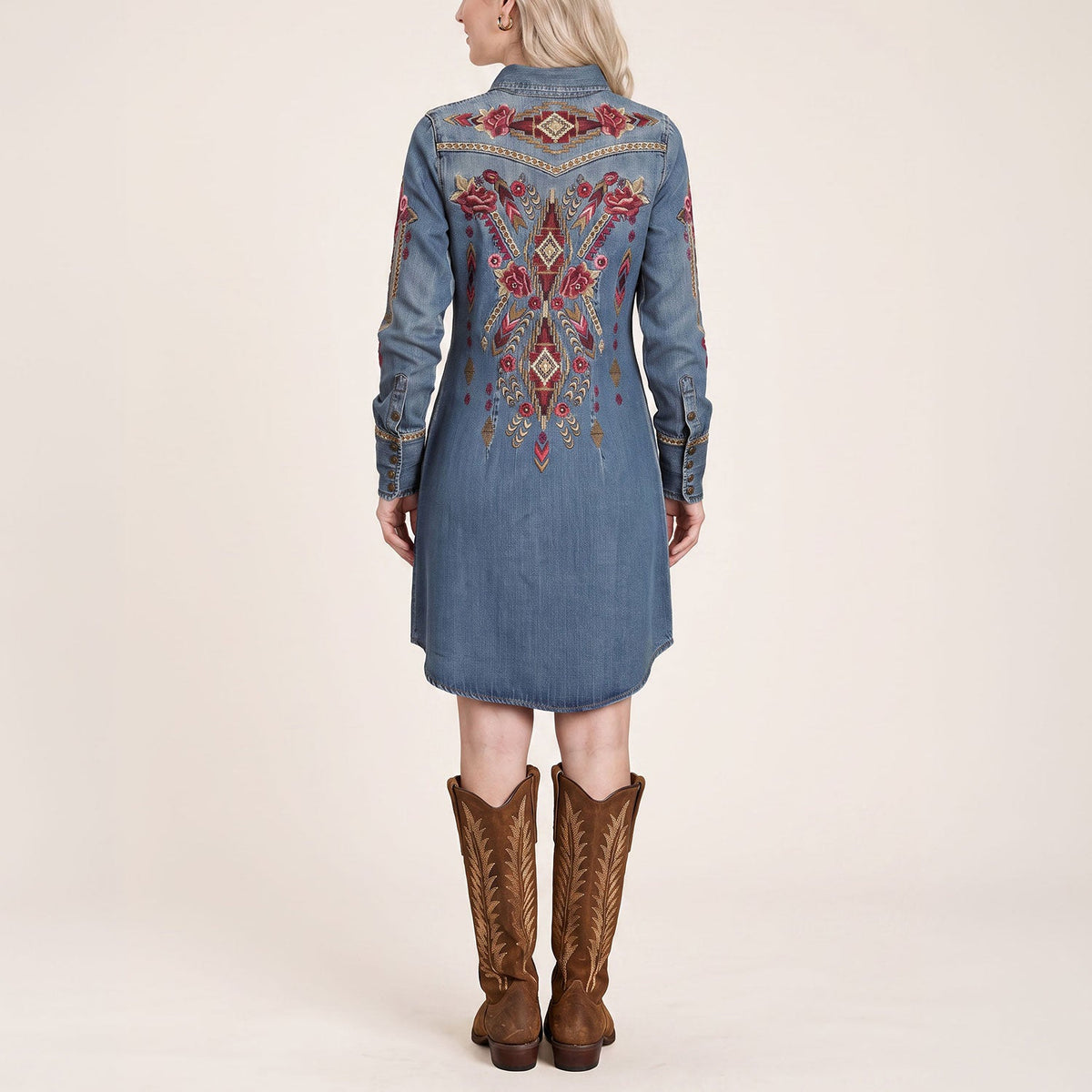 Embroidered Denim Shirt Dress Dark Blue - Stetson