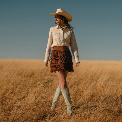 Lamb Suede Fringe Mini Skirt Brown - Stetson