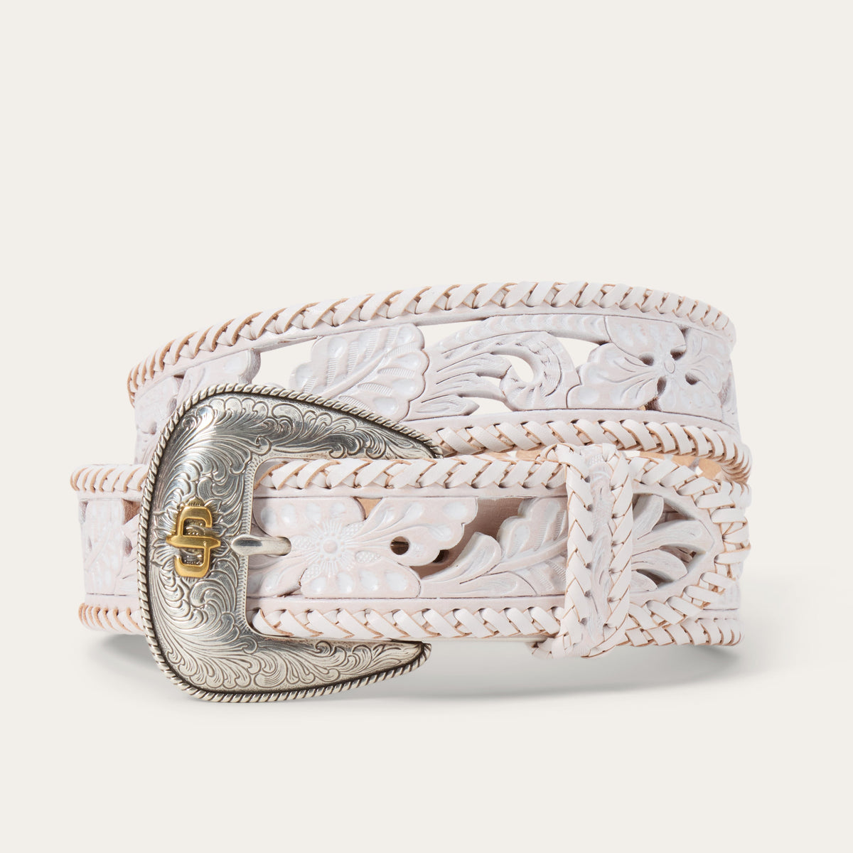 Tooled Laced Edge Belt White - Stetson