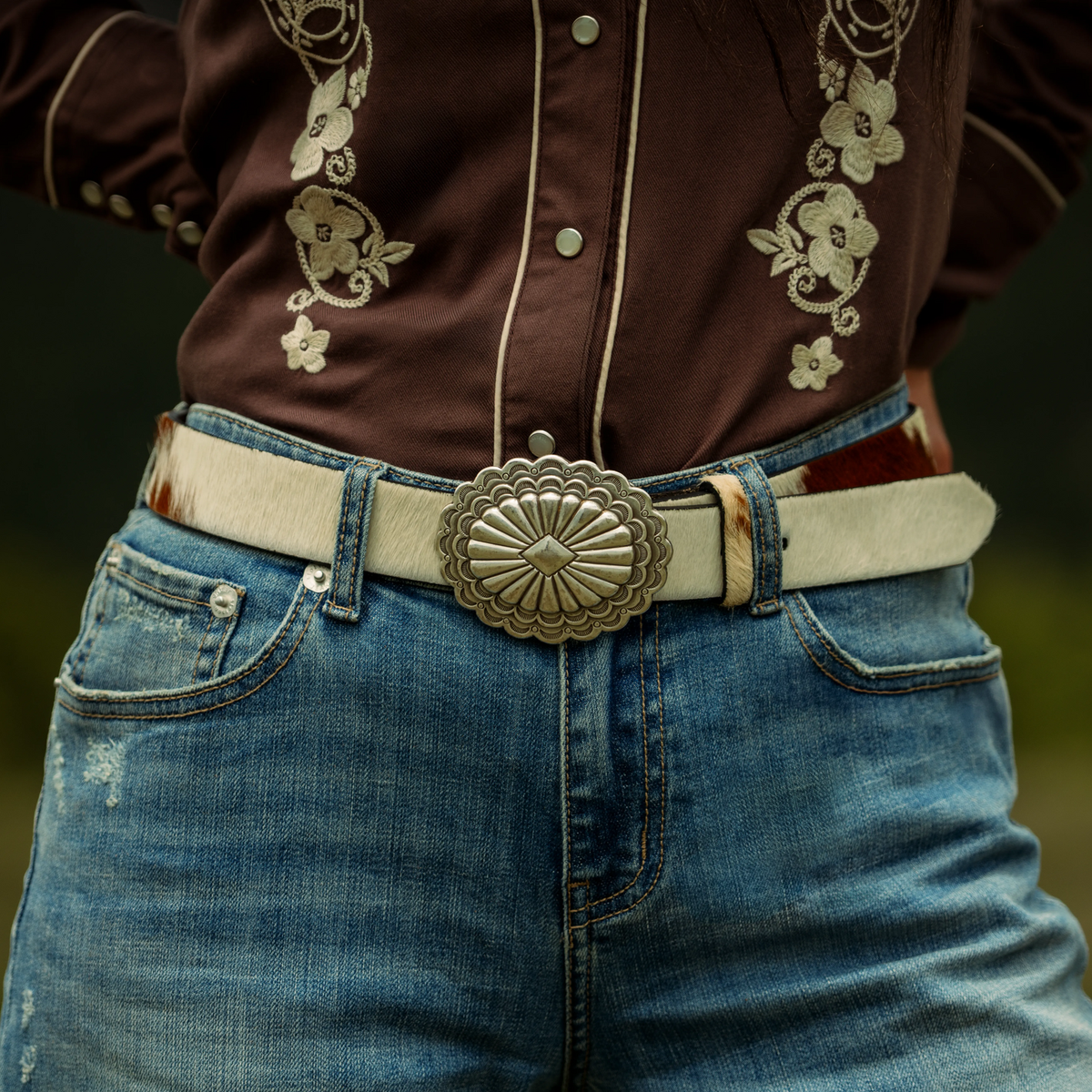 Hair-On-Hide Southwestern Buckle Belt Brown / White - Stetson