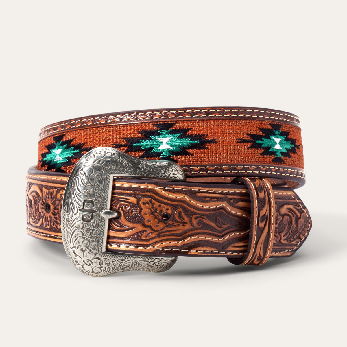 Tooled Tab Embroidered Belt Tan - Stetson