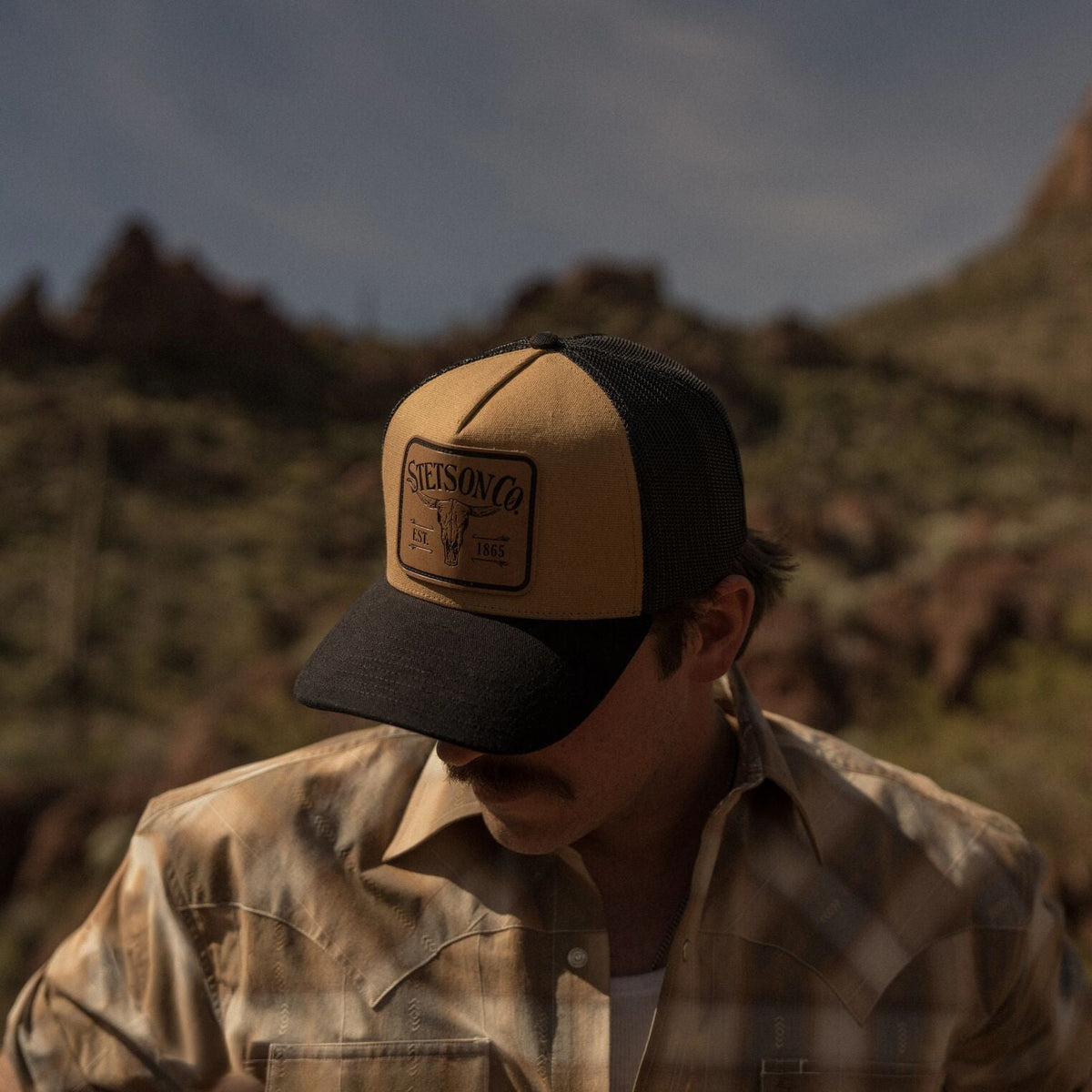 Longhorn Patch Trucker Hat Tan/Black - Stetson