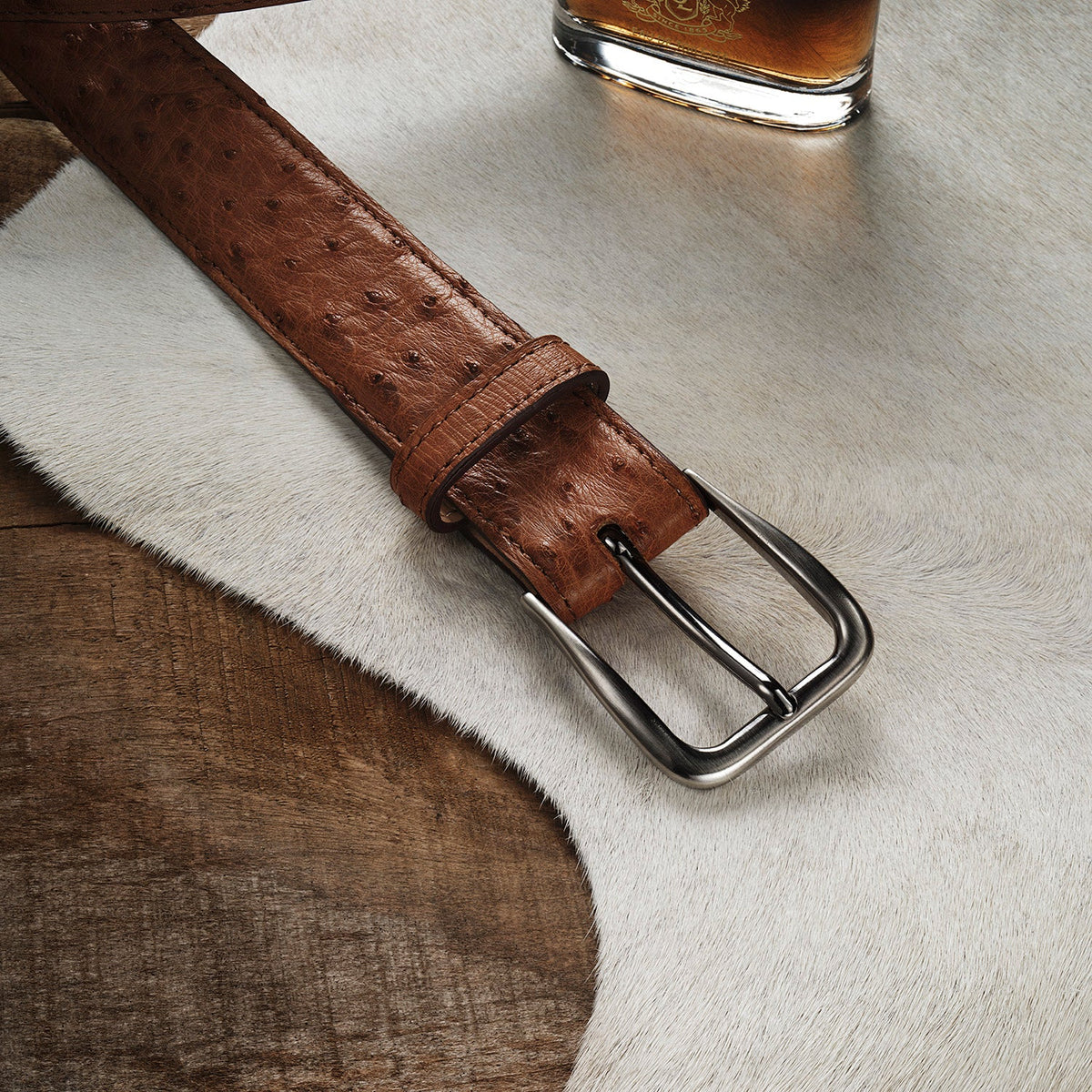 Ostrich Western Tab Belt - 1 1/4" Width Antique Cognac - Stetson